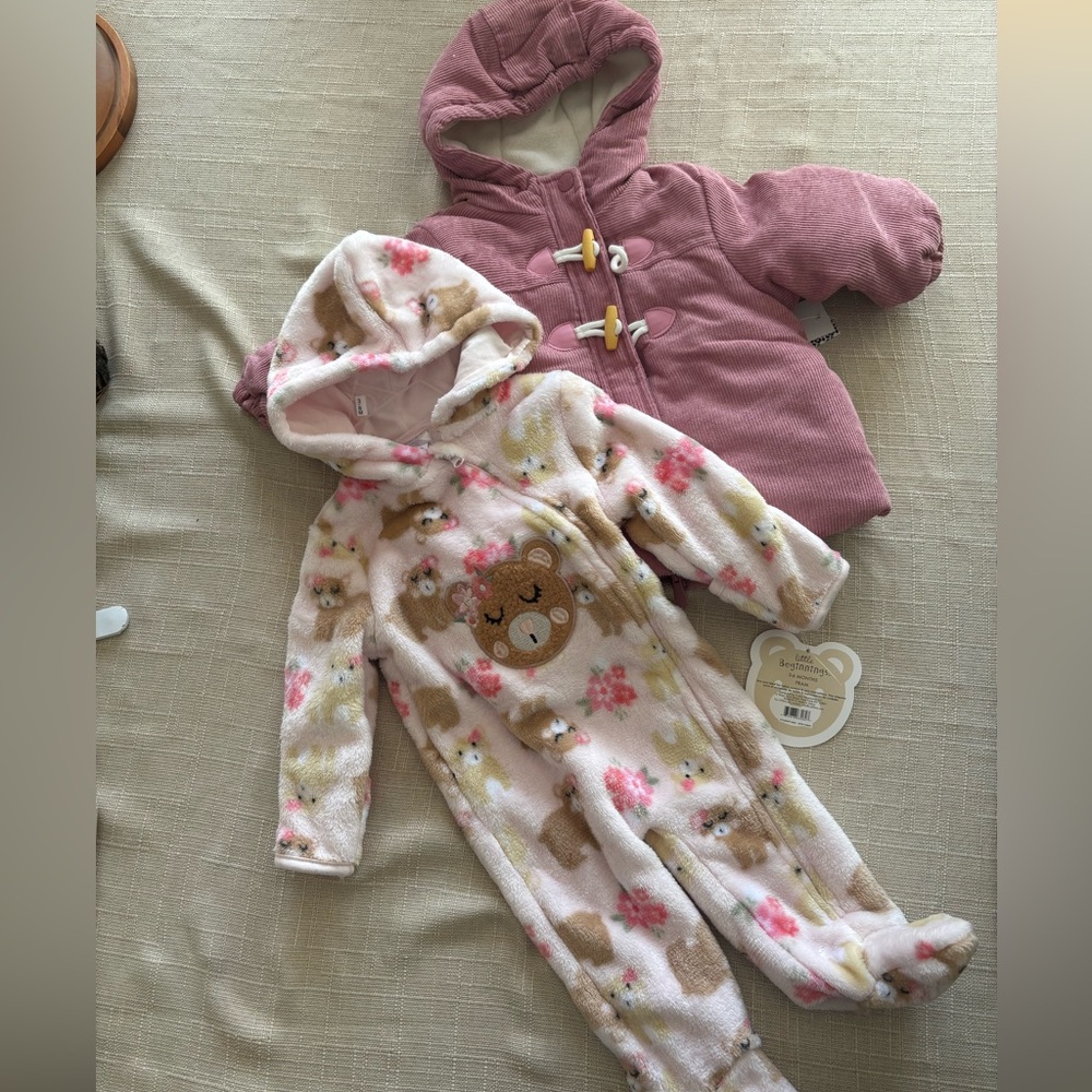Kensie Girl 12M Pink Coat & Little Beginnings 3–6M Bear Pram NWT Set